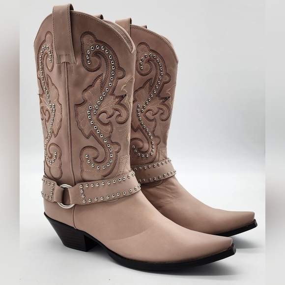 JEFFREY CAMPBELL The Kid Western Studded Beige Block Heel Snip Toe Boot Size 9.5 - Picture 3 of 13